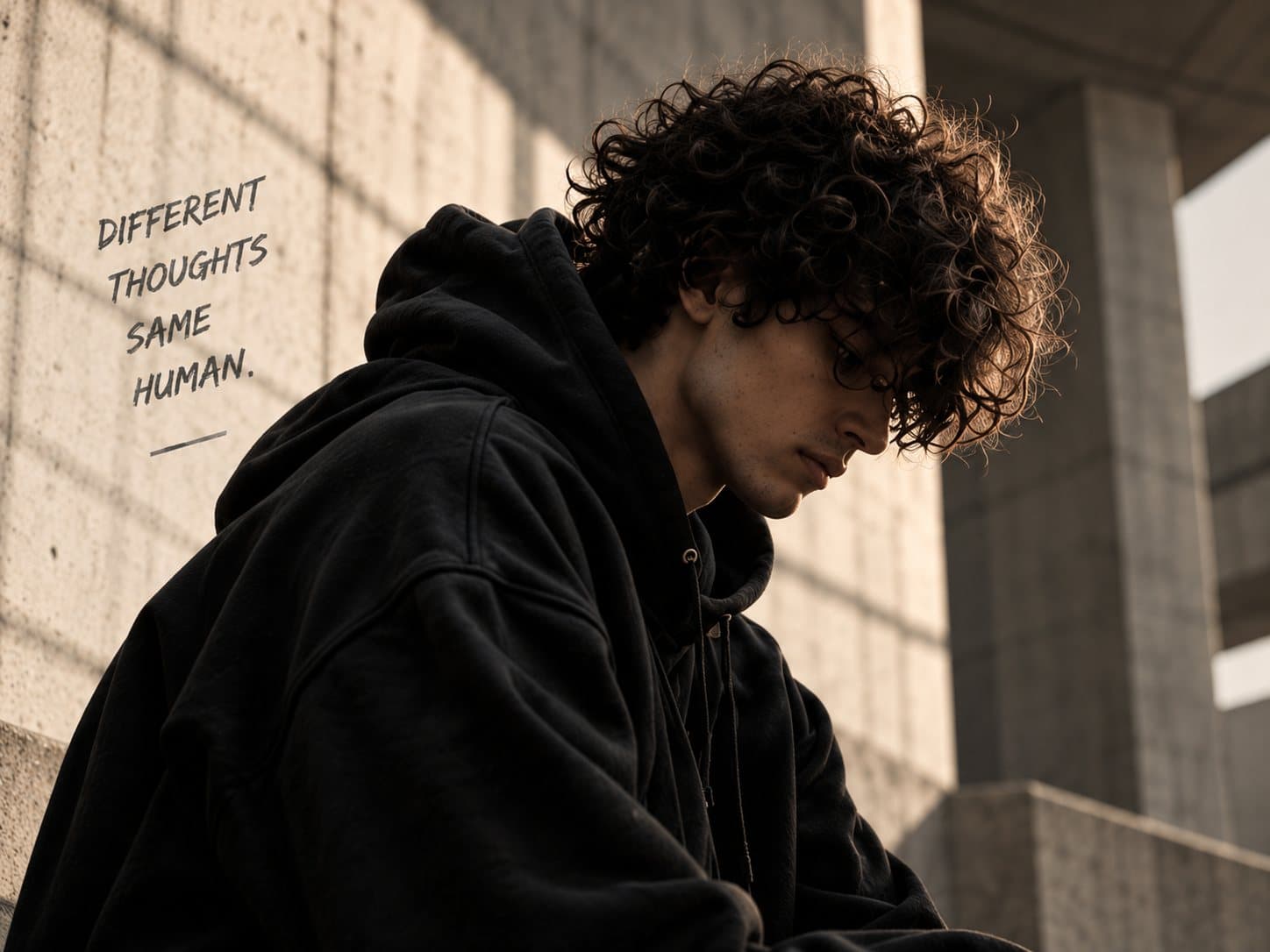Jeune homme aux cheveux bouclés, tête baissée, en hoodie noir devant un mur en béton. Citation manuscrite sur le mur : « Pensées différentes, même humain. »