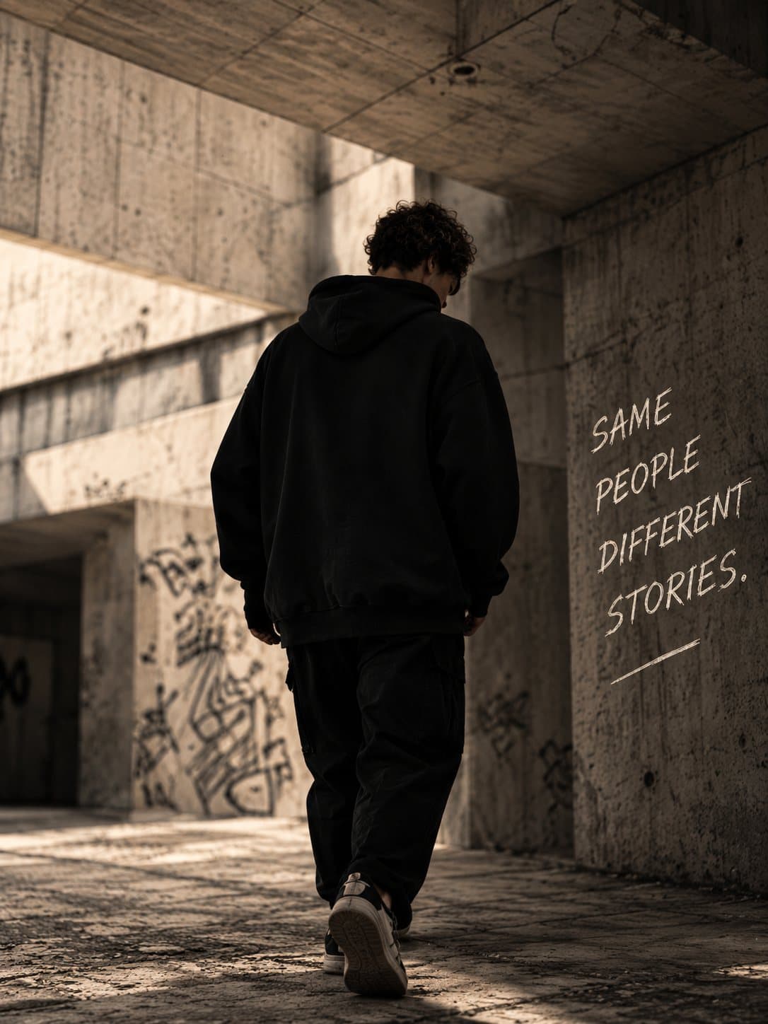 Jeune homme en hoodie noir marchant, vu de dos, sous une structure en béton brut. Citation manuscrite sur le mur : « Mêmes personnes, histoires différentes. »